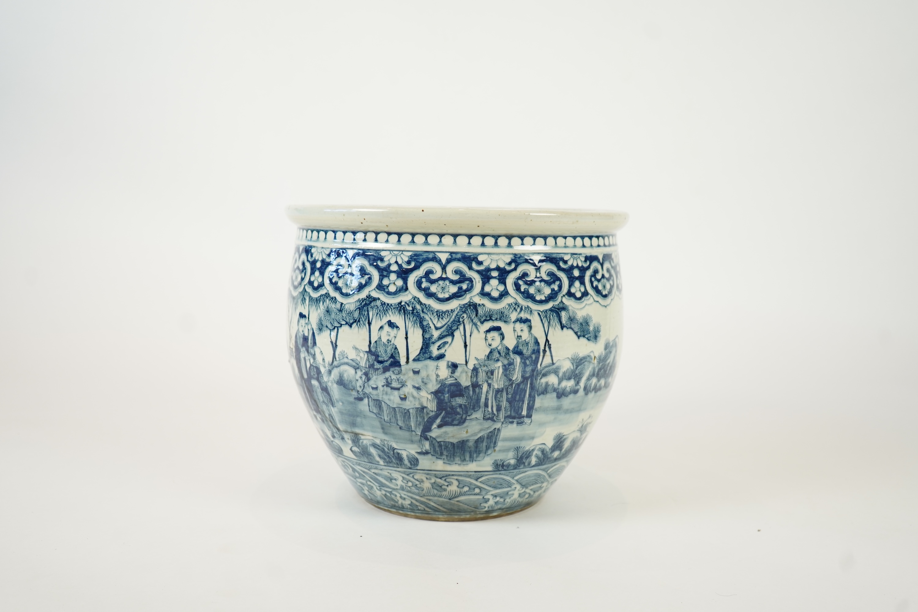 A large Chinese blue and white ‘sages’ fish bowl, early 20th century